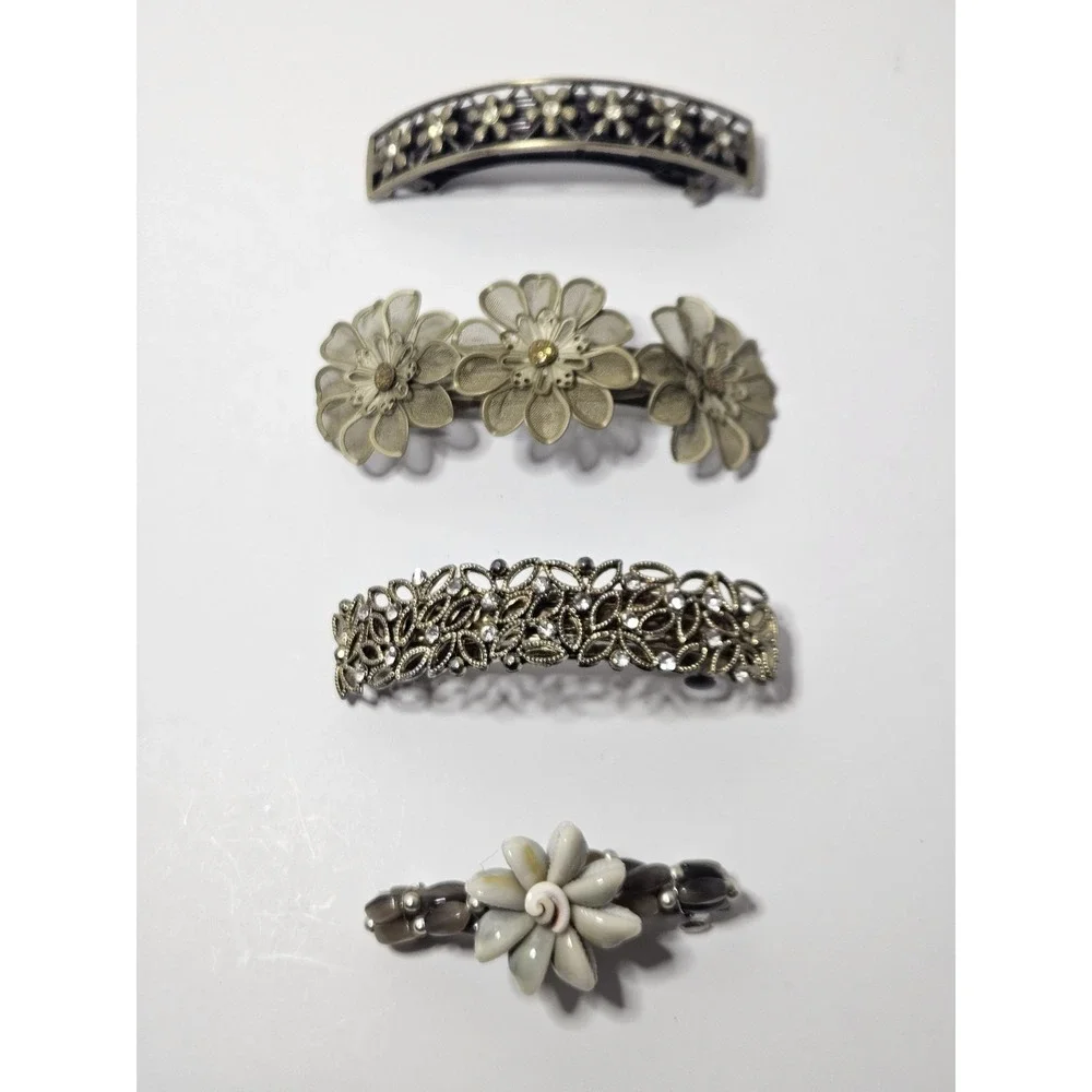Vintage Hair Barrettes Lot 4pc Metal Mesh Wire Flower Filigree Cowrie Shell Clip